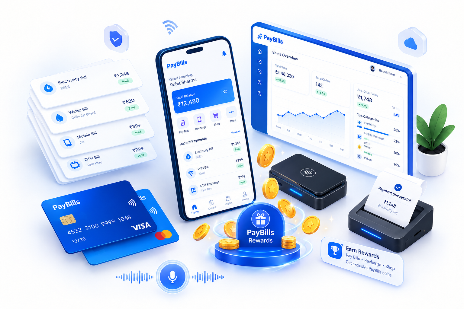 PayBills Platform Ecosystem — Voice Payments, BBPS Utility Bills, POS Hardware, and Merchant Sales Analytics