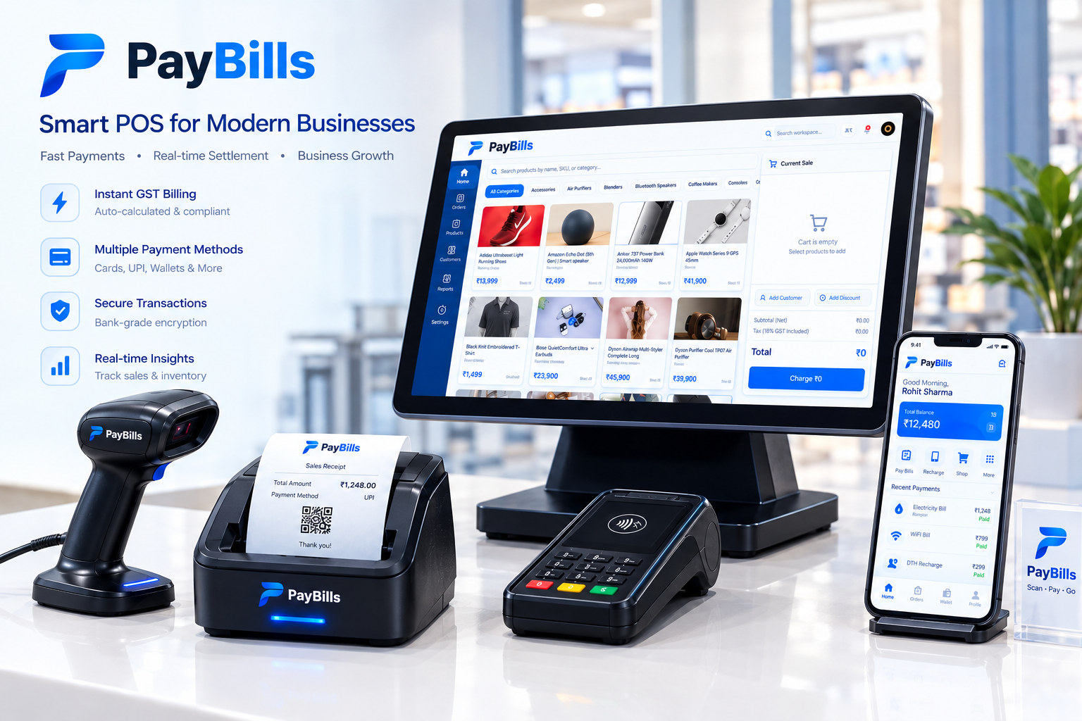 PayBills Sleek Black Dual-Screen POS Terminal & Barcode Scanner Hardware